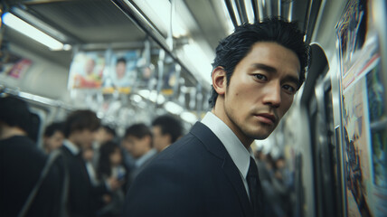 朝の満員電車で男性がスマホ画面を確認する一瞬の情景