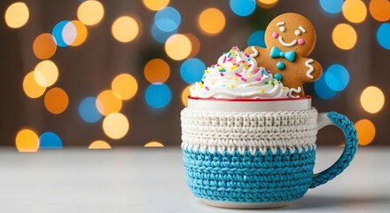 Warm Beverage Delight: A delightful, festive scene with a mug adorned in a cozy sweater filled with a decadent hot beverage, topped with whipped cream and a charming gingerbread man.