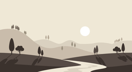 Serene Landscape Illustration Rolling Hills, Trees, and a River Under a Cloudy Sky, Vector Art