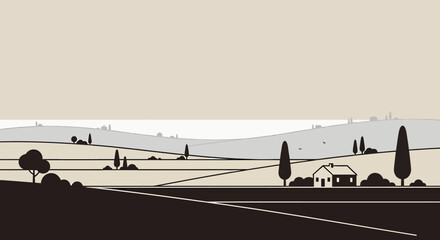 Vector art illustration of a tranquil rural countryside scene with a farmhouse, rolling hills, and a road leading to the horizon