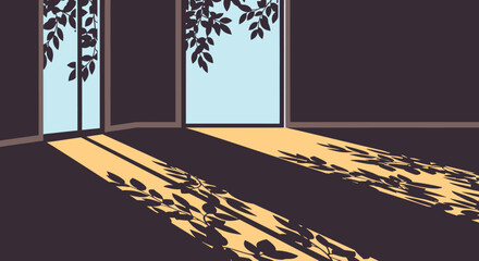 Interior Space with Natural Light and Foliage Shadows Vector Illustration