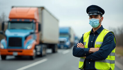 Customs officer stands at a border checkpoint with arms crossed. He wears uniform and a protective mask. Trucks line up for inspection at the international border zone.