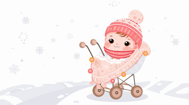 Cozy baby in stroller wrapped in warm winter clothes - Powered by Adobe
