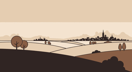 Minimalist vector art of a rural landscape with rolling hills and a distant town skyline, a panoramic countryside scene in sepia tones