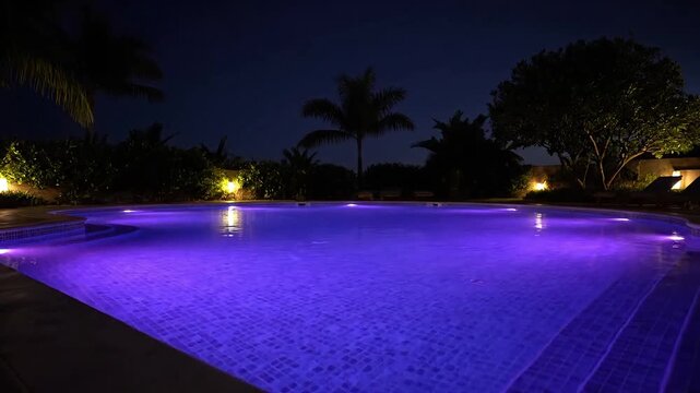 Serene backyard swimming pool illuminated with vibrant purple lights at night
