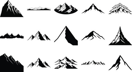 Diverse collection of mountain peak and range silhouette icons set