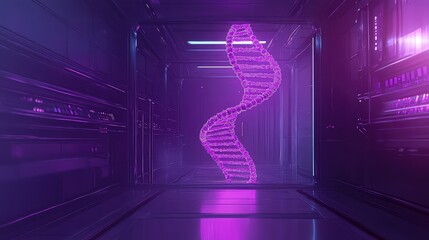 Glowing dna helix rotating in futuristic laboratory environment