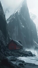 Beautiful Atmospheric Visual of a Remote Coastal Dwelling Overlooking Powerful Ocean Waves