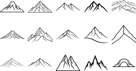 Collection of diverse outline mountain icons for landscape design