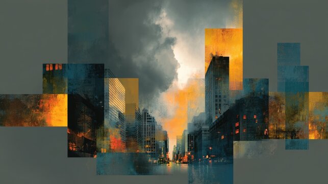 Abstract Cityscape with Geometric Forms in the Afternoon Featuring Layers of Color, Texture, and Minimalist Urban Design Suitable for Stock Market Visualization