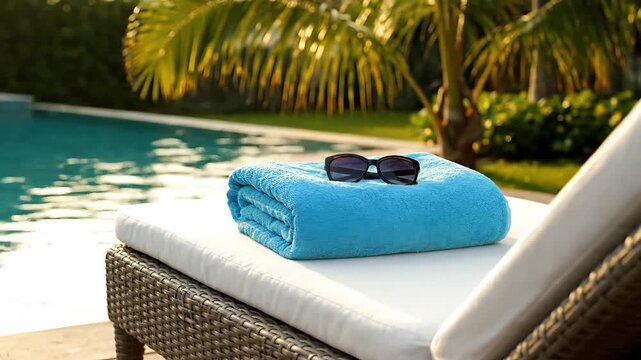 Relaxing poolside scene with a folded towel and sunglasses on a lounge chair, hinting at summer vacation and leisure.