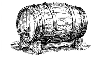 Wooden barrel illustration in vintage style. Detailed line drawing set, showcasing craftsmanship and traditional beverage storage in a vector format.