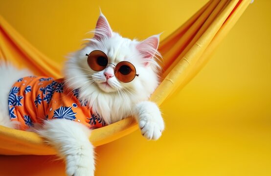 Fluffy white cat wears sunglasses, shirt, relaxes in yellow hammock. This funny pet enjoys summer vacation vibes, looking cool, stylish against bright backdrop. Pure feline joy, humor captured.