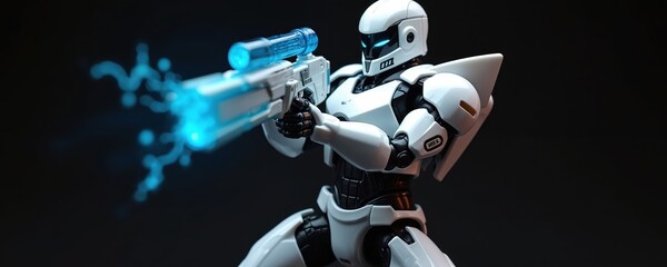 Futuristic robot action figure holds blue weapon ready for battle. Science fiction concept of a hero. Toy character design is white with black details and light effects.