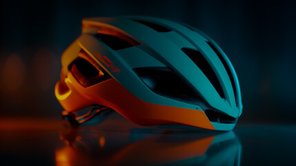 A cyan and orange cycling helmet with reflective material on the floor, blurry background, product photography, studio lighting, reflection of light in front of it, in the style