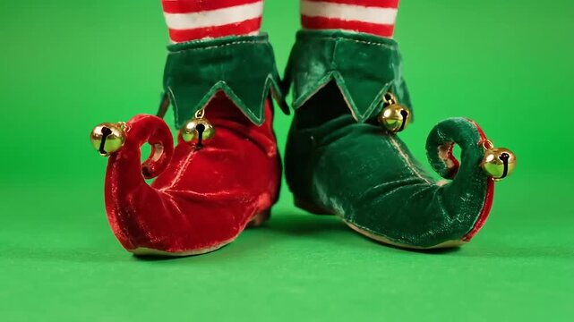 Playful elf shoes with bells and striped socks stand ready for holiday fun