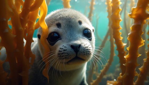 Cute seal pup peeks out from underwater kelp forest. Innocent baby mammal explores ocean depths, curious eyes wide in marine environment. Wild animal swims in natural habitat.