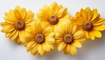 Fototapeta premium five radiant yellow flowers displaying intricate centers on a white background