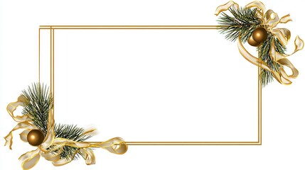 Obraz premium gold ribbon corner frame with pine leaves and ornaments, center empty for text