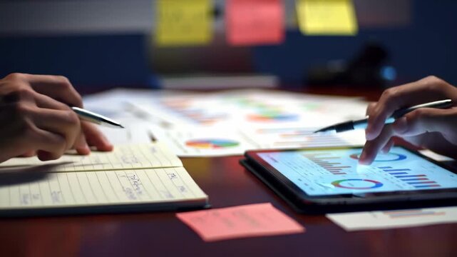 Close-up of business professionals collaborating on data analysis, reviewing reports on a tablet and taking notes during a strategic planning meeting