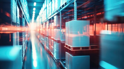 Automated warehouse storing goods on high racks with light trails