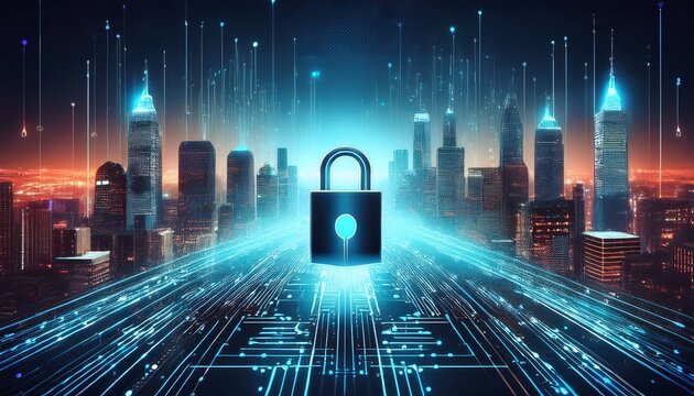 digital lock symbolizing cybersecurity amidst a futuristic city skyline at night - Powered by Adobe