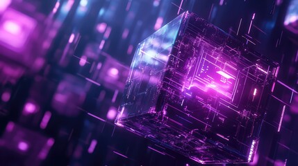 Digital cube processing information in abstract futuristic matrix