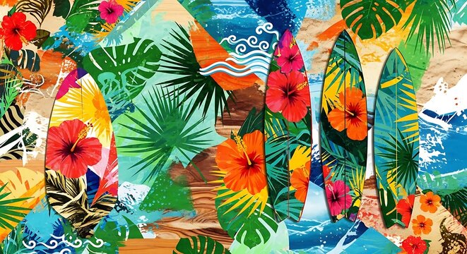 Colorful surfboards and tropical flowers composition decorative illustration