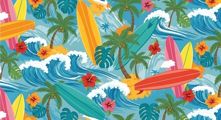 Colorful tropical beach scene with surfboards palm trees and floral elements