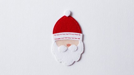 minimal stitched Santa face icon, felt textures, embroidered beard edges, red fabric hat