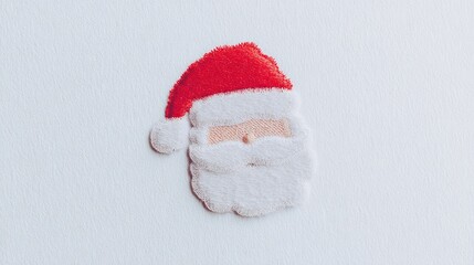 minimal stitched Santa face icon, felt textures, embroidered beard edges, red fabric hat