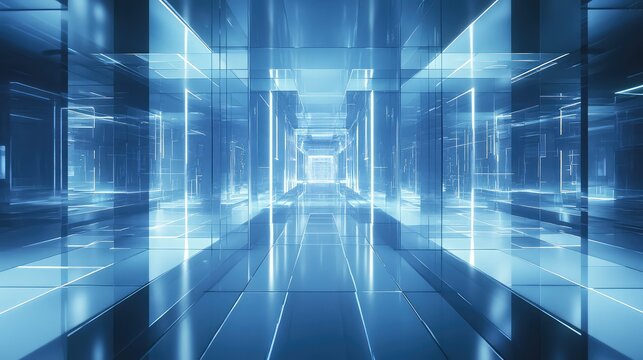 Abstract blue digital tunnel creating futuristic architecture