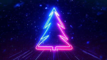 neon Christmas tree outline glowing in blue and pink, dark futuristic background