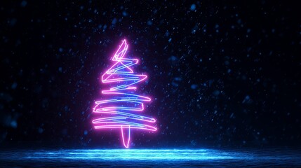 neon Christmas tree outline glowing in blue and pink, dark futuristic background