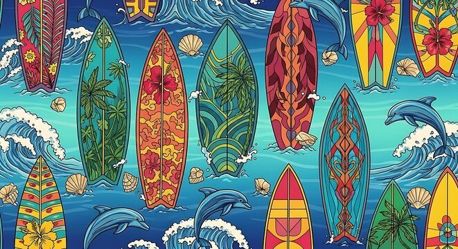 Colorful surfboards with ocean waves and dolphins illustration design