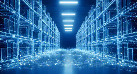 Futuristic warehouse network glowing with data streams, symbolizing efficient logistics and digital supply chain innovation