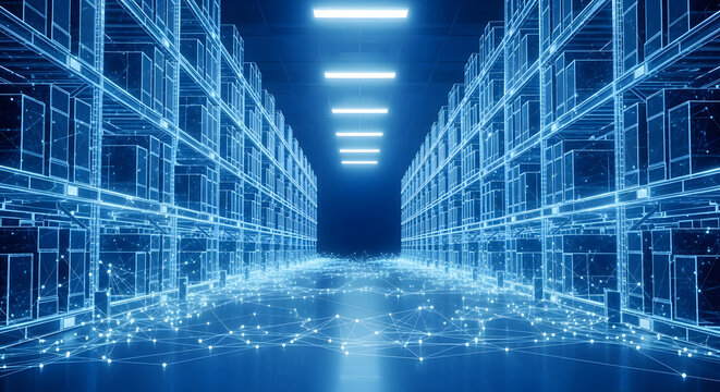 Futuristic warehouse network glowing with data streams, symbolizing efficient logistics and digital supply chain innovation