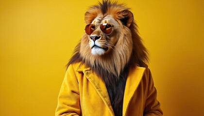 Cool lion wears trendy sunglasses, bright yellow jacket. Stylish animal with big mane poses against vibrant yellow backdrop. Modern fashion concept with wild mammal. Fun, cute, brave beast shows
