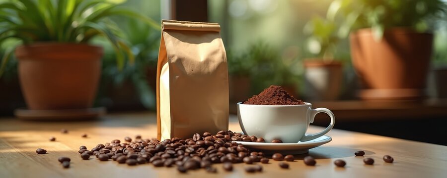 Unbranded kraft paper bag, white cup full of coffee powder sit on wooden table. Roasted coffee beans scattered around. Blurred green plants create natural background with warm sunlight. Fresh