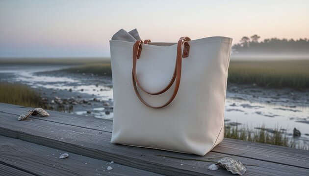 Elegant canvas tote bag on a rustic wooden pier, overlooking a serene, misty coastal marshland at dawn, evoking peaceful vacation and travel.