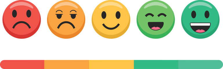 Five-level mood scale with emoticons, cartoon satisfaction meter, emotional feedback chart, colorful rating bar, survey response graphic, white background