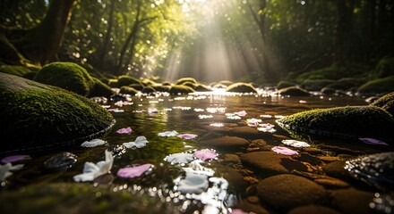 Magical Forest Stream with Flower Petals Floating on Water and Sunlight Beams