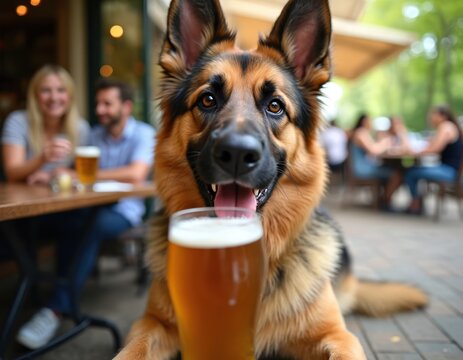 German Shepherd dog sits at outdoor cafe table with beer. People dine blurred in background enjoying drinks and food. Pet wants to drink lager at restaurant terrace.