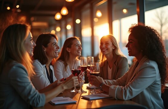 Diverse group of women friends clink wine glasses, laughing, enjoying social time after work. They relax at a bar, celebrating success, bonding over drinks at sunset.