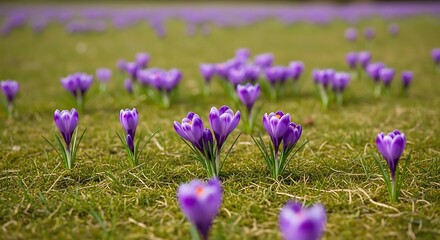 Obraz premium Purple crocuses bloom in a field of green grass under soft daylight.