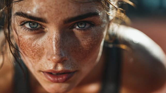Determined athlete prepares for run, focusing intently with striking blue eyes, bathed in sunlight, epitomizing strength and resolve - Powered by Adobe