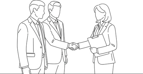 Business handshake illustration, line art, professional meeting, corporate attire, clipboard, agreement, teamwork, collaboration, formal interaction