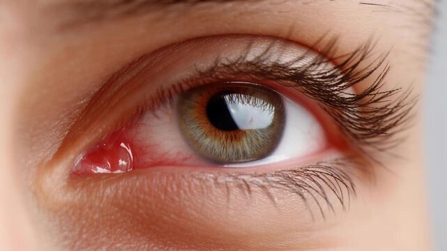 This extreme close-up features a human eye with red blood vessels and irritation, an infection.