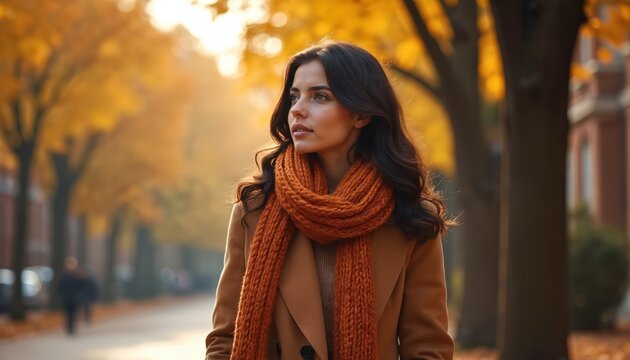 Woman walks down a city street in autumn. She wears a warm coat and scarf. Trees line the path with yellow leaves falling. Soft golden light illuminates the scene.
