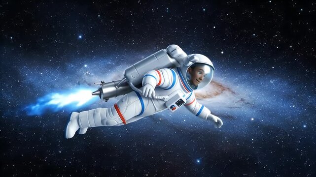 Astronaut Flying Through Space with Jetpack Against Galaxy Background